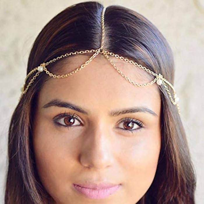 Bomine Boho Pearl Head Chain Tassel Hair Chain Forehead Festival Wedding Headpieces Hair Acessories for Women and Girls (Gold) - Image 1